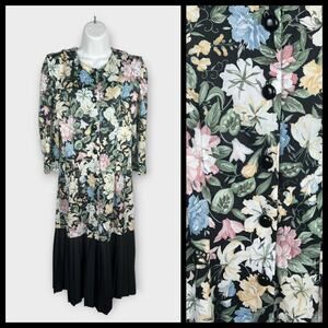 Vintage Jenny Black with Florals Button Front Drop Waist Midi dress Size 14